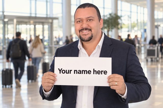 Andre from Private Driver Service Cape Town meeting guests at arrivals with a name sign